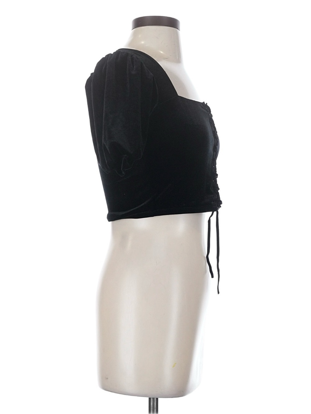 BlackMilk Black Velvet Lace-Up Puff Sleeve Crop Top XS - Picture 3 of 7